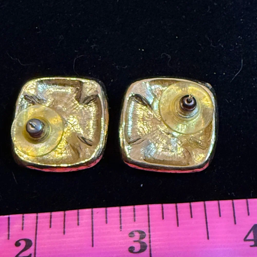 Vintage Navy Blue Enamel Faux Pearl Square Gold Tone Rhinestone Studs